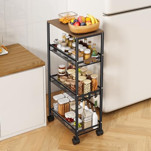 Utility Slim Storage Cart, 4 Tier Rolling Cart with Wheels, Laundry Shelves with Wood Top, Narrow Cabinet for Bathroom Organization, Small Organizer for Kitchen, Office and Dorm (Black, 9.1'') - color: Black, size: 9.1''
