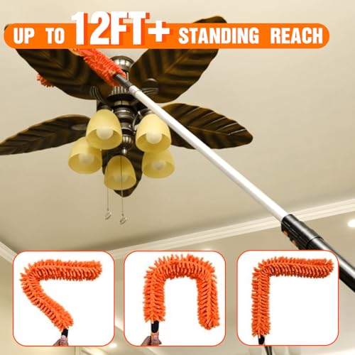 LAANPOLE 20FT Reach Ceiling Fan Cleaner Duster, Fan Blade Cleaner Kit with 3-12FT Extension Pole, Microfiber Duster & Replaceable Cleaning Cloth for Blades, Ceiling, Furniture - size: 12FT