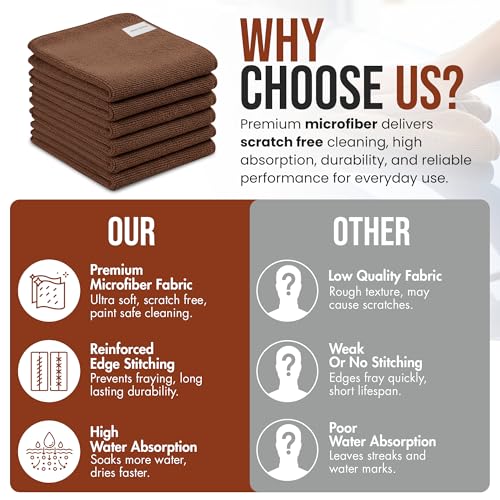 Ameri-Homes Microfiber Cleaning Cloths 12 x 12 Inches, 400 GSM Ultra Soft, Lint-Free & Scratch-Free, Highly Absorbent Towels for Car, Kitchen, Glass & Home Cleaning, Pack of 6 (Brown) - color: Brown