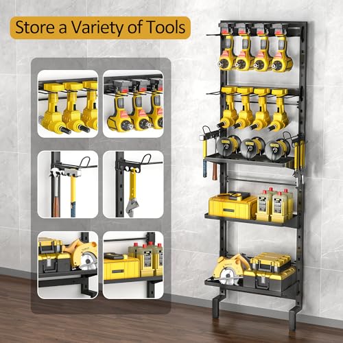 BUKFEN Garage Tool Storage Rack, Wall Mount 5-Tier Heavy Duty Metal Organizer with 8 Drill Holder Slots, Adjustable Shelves, Side Hooks Workshop Utility 1 Pack Black Vertical Space-Saving