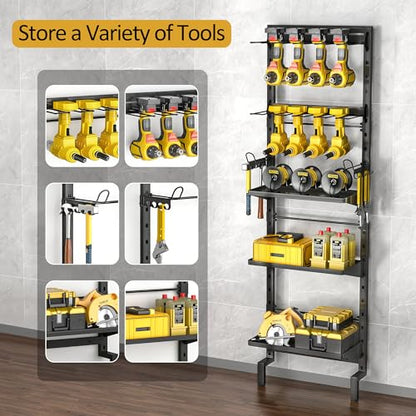BUKFEN Garage Tool Storage Rack, Wall Mount 5-Tier Heavy Duty Metal Organizer with 8 Drill Holder Slots, Adjustable Shelves, Side Hooks Workshop Utility 1 Pack Black Vertical Space-Saving