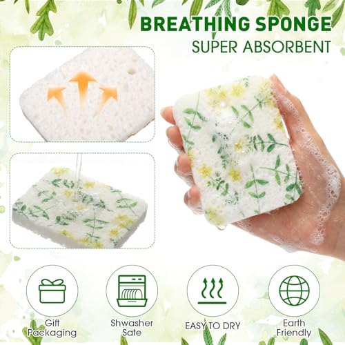 Maxdot 50 Counts Compressed Cellulose Sponges Bulk Flower Plant Style Natural Kitchen Compostable Non Scratch Dish Sponges for Washing Dishes, Cleaning Countertop Sink, Kids DIY - style: Flower Plant Style