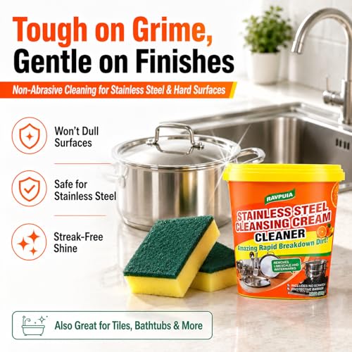 STAINLESS STEEL CLEANER & POLISH - Heavy Duty Cleaning Paste for Stove, Oven, Pans, Cookware, Sink | All Purpose Multi-Purpose Household Cleaner | Removes Grease & Stains | with 2 Sponges (500g)