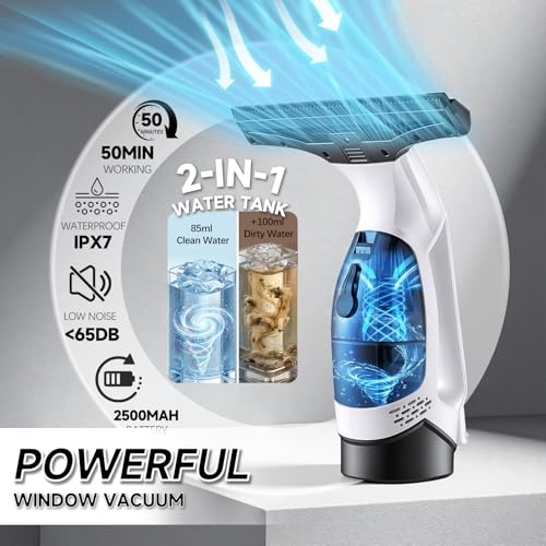 Electric Window Vacuum Squeegee Cordless 13", 2000Pa Electric Squeegee, 2200mAh Rechargeable Battery, 150ml Dirty Water Tank, Streak-Free Glass Cleaner for Shower Doors, Windows, Mirrors