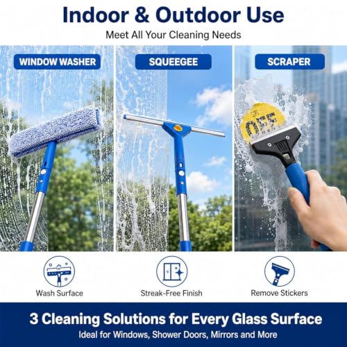 Window Cleaning Kit with Extension Pole,Professional Window Washing Kit with Bucket, 79" Window Squeegee with Microfiber Scrubber Scraper,Window Cleaner Tool for Commercial, Home,Outdoor