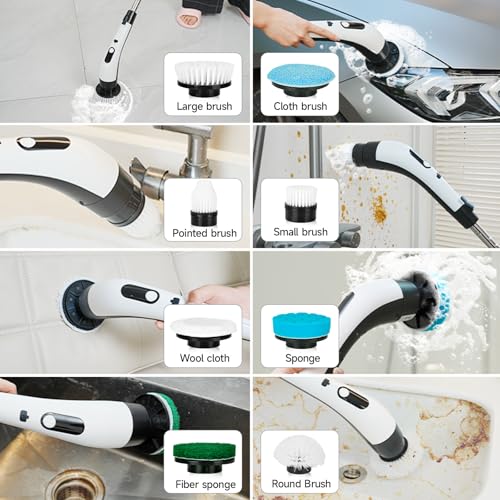PUNOMO Electric Spin Scrubber, Cordless Bathroom Cleaning Brush with 8 Replaceable Heads & Adjustable Handle, IPX7 Waterproof Shower Scrubber with LCD Display, 2 Speeds for Bathtub, Floor, Tile