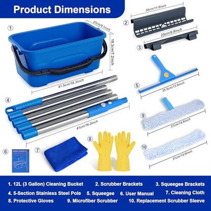 Professional Window Cleaning Kit, Window Washing Kit with 3 Gallon Bucket, 14-Inch Squeegee & 15-Inch Scrubber, 76-Inch Extendable Pole, Window Cleaning Equipment for Home & Commercial (76 inch)