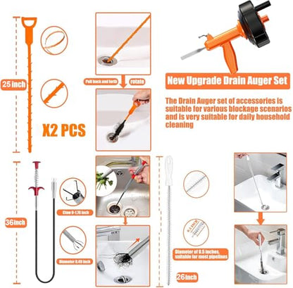 Drain Snake, Auto Feed Plumbing Snake with Drill Attachment, 25 Feet Flexible Drain Auger Tool Set Included Drain Clog Remover, Hair Clog Remover ＆ Cleaning Brush | for Kitchen, Bathroom and Shower Sink with Gloves - color: Orange