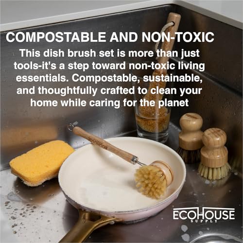 ECOHOUSE SUPPLY™ Bamboo Dish Brush Set – 6-Piece Natural Fiber Kitchen Brush Set with Loofah Sponges (No Bleach), Sisal & Palm Scrubbers – Non-Toxic, Eco-Friendly, Plastic-Free Dish Cleaning Brushes.