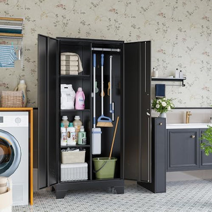 61" Metal Storage Cabinet with Lockable Doors, Cleaning Supply Cabinet with Pegboard and Hanging Rod. Garage Tool Storage Cabinets for Home, Laundry, Office, Home Kitchen Utility Cabinet - size: 61" Cabinet Black