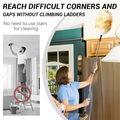 Extendable Lambswool Duster 82inch with Aluminium Alloy Handle, Natural Long Feather Duster for Cleaning Fans, Ceiling, Bookshelevs, for Home&Office