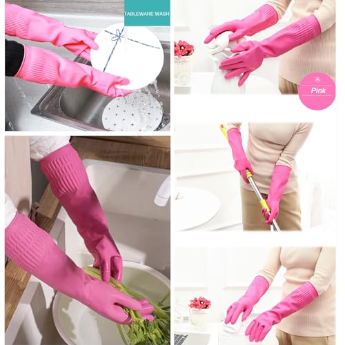 Bamllum 3 Pairs of Rubber Dishwashing Gloves for Kitchen and Household Cleaning – Long Cuff 15", Reusable, Flexible Long-lasting and Non-Slip (Red+Yellow+Green, Large) - size: L(Best for Medium Hands)