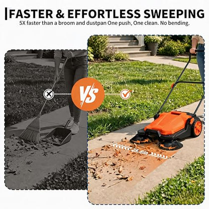 25.6 Inch Manual Push Floor Sweeper, Walk-Behind Hand Push Sweeper with 5-Gallon Bin, Adjustable Folding Handle for Garage, Workshop, Driveway, Patio