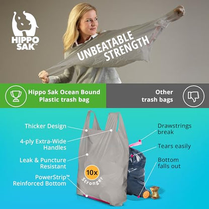 Hippo Sak - Tall Kitchen Garbage Bags with Ergonomic Handles - 13 Gallon Trash Bags Made from Recycled Ocean Bound Plastic - Super Strong and Leak Proof Tall Kitchen Trash Bags (90 Count) - size: 90 Count (Pack of 1)