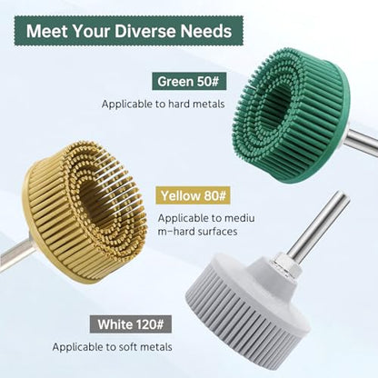 3Pcs Bristle Disc 2 Inch Gasket Remover Wheel Tool - 50#, 80#, 120# Size, White & Yellow & Green Bristle Brush Cleaning Disc with 1/4 Shank Attachment Abrasive Coating Discs
