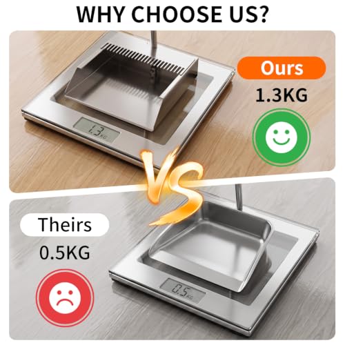 Heavy Duty 304 Stainless Steel Dustpan and Broom Set, Long Handle Self Standing Dust Pan with Wide Mouth Pet Hair Comb Teeth, Indoor Outdoor Cleaning Set for Kitchen Garage Office