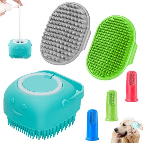 Comotech 6PCS Dog Bath Brush & Dog Toothbrush | Adjustable Handle Shampoo Brush & Scrubber for Short & Long Haired Dogs & Cats | Effectively Solve Odor & Stain Removal Problems (Blue Green Gray) - color: Blue Green Gray