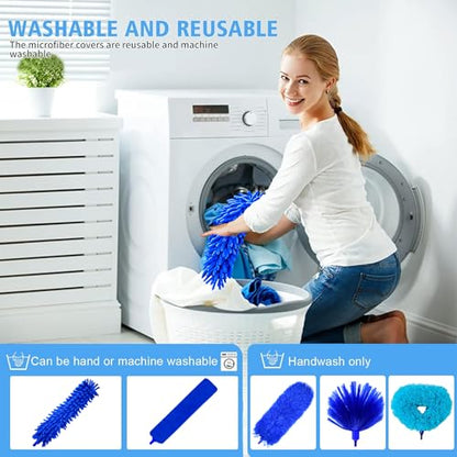 6-in-1 Duster for Cleaning Kit, Extendable Duster with Stainless Steel Pole - Microfiber, Ceiling Fan Cleaner Dusters and Chenille Dusters, Bendable Cobweb Removers for High Ceilings, Fans, Blinds - color: Blue