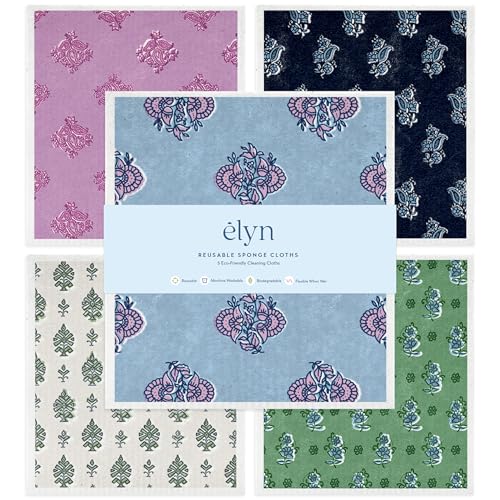 ELYN Swedish Dishcloths, Reusable & Washable Sponge Cloths, Absorbent Cleaning Paper Towels for Kitchen, Dishes, Counters and More, 5 Pack, Assorted Vintage Block Print Patterns - color: Vintage Block Print