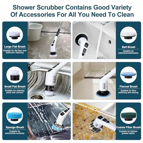Electric Spin Scrubber with 7 Replaceable Brush Head，Shower Scrubber with Long Handle,7 in 1 Cordless Cleaning Brush，Power Shower Scrubber for Bathroom, Tub, Tile, Floor, Kitchen, Window,Black