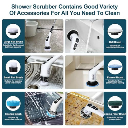Electric Spin Scrubber with 7 Replaceable Brush Head，Shower Scrubber with Long Handle,7 in 1 Cordless Cleaning Brush，Power Shower Scrubber for Bathroom, Tub, Tile, Floor, Kitchen, Window,Black