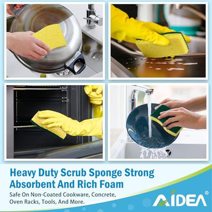 AIDEA Sponges Kitchen, Heavy Duty Scrub Sponge, 6Count, Sponges for Dishes, Cellulose Kitchen Sponge, Scrubbing Power for Tough Messes, Cleaning Power for Non Coated Cookware, Dishes, Pots, Pans - color: Green