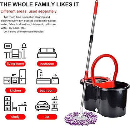 Mop and Bucket Set, 360° Spin Mop and Bucket with Wringer Set and 6 Microfiber Mop Refills, Stainless Steel 61" Extended Handle Spinning Mop Bucket System for Floor Cleaning (2 Sets) - color: Black*2