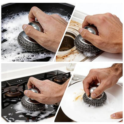 6pcs Steel Wool Scrubber with Replacement Wire Sponge Pads Set, Stainless Steel Scrubber for Dishes, Perfect for Cleaning Metal Pans, Pots, Grills & More, Sink(1 Scrubber+5 Pads)