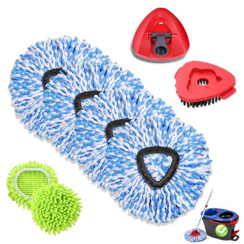 Microfiber Spin Mopping Refills Head for Ocedar RinseClean 2-Tank System,1 Gray Mop Scrub Brush + 1 Mops Base + 6 Pack Easy Cleaning Mop Heads Replacements - color: 4 Blue Mop Heads+2 Green Mop+1 Gray Brush +1 Base