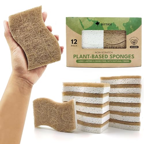 AIRNEX Natural Kitchen Sponges (12 Pack) - Biodegradable Cellulose & Coconut Scrubber Dish Sponges for Kitchen - Eco-Friendly, Non Scratch, Compostable, Non Toxic S-Shaped Natural Sponges for Dishes - size: 12