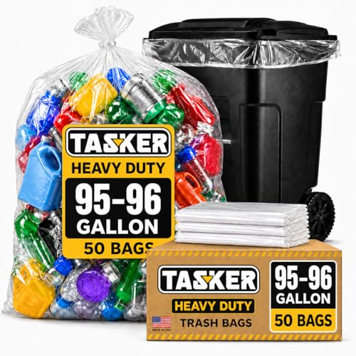 Tasker 95-96 Gallon Trash Bags, (Value Pack 50 Bags w/Ties) Extra Large Heavy Duty Clear Plastic Recycling Trash Bags, 90 Gallon, 95 Gallon, 96 Gallon, 100 Gallon (Clear) - size: 50 Count (Pack of 1)