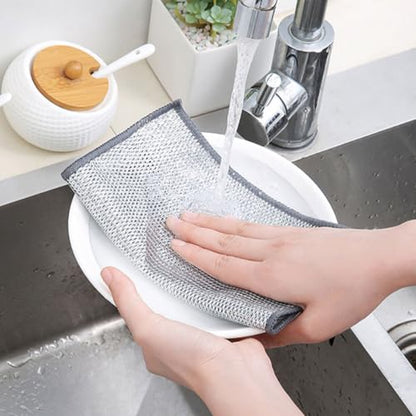 INOOMP 10pcs Reusable Wire Mesh Dishwashing Rags Scrub Pads Silver Double-Layer Kitchen Cleaning Cloths for Non-Scratch Dish and Bowl Washing