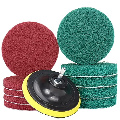 4 Inch Drill Brush Power Scouring Pads - Heavy Duty Tub and Tile Cleaner - Household Cleaning Kit Includes Drill Attachment, 5 Red, 5 Stiff Green Scrubber Pads - size: 4 Inch Set