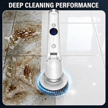 Electric Spin Scrubber, 45LBS High Torque Deep Cleaning Scrubber, Cordless Cleaning Brush with Adjustable Handle & 7 Replaceable Heads, Heavy-Duty Bathroom Scrubber for Bathroom Cleaning (White)