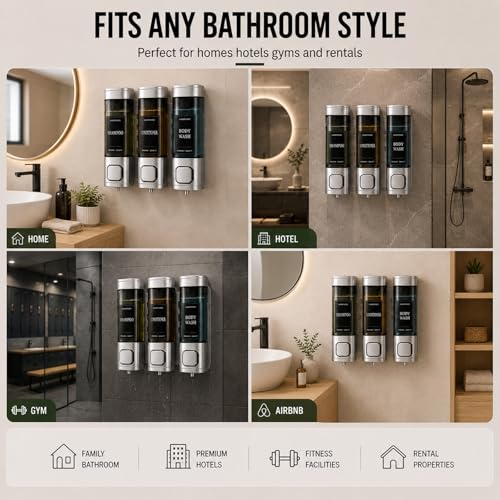 Shampoo and Conditioner Dispenser, Shower Soap Dispenser Wall Mounted, Shower Dispenser 3 Chamber No Drill for Bathroom Large Capacity (Silver) - color: Sliver