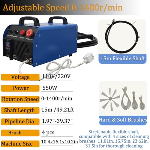 TECHTONGDA 110V/220V Portable Air Duct Cleaning Machine for Pipe Diameter 1.97"-39.37", Max Sweeping Length 98ft/time, Duct Pipe Cleaning Equipment with Rotary Brush, Industrial Air Vent Cleaner