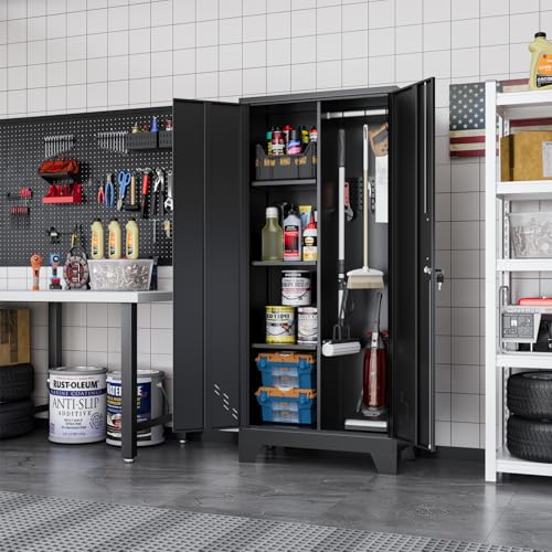 61" H Garage Cabinets, Metal Storage Cabinet with Lockable Doors and Pegboard, Utility Closet for Brooms and Mops, Tool Cabinets for Home Office Laundry Room Living Room - size: 61"Utility Cabinet
