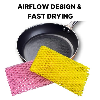 Mesh Dish Scrubber [4-Pack], Innovative Net Dish Cloths for Kitchen Cleaning, Non-Scratch & Fast Drying Scrubber for Pots, Pans, and Dishes (2 Yellow & 2 Pink)