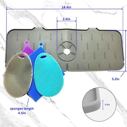 Faucet Mat for Sink - Silicone Scrubber Dish Set, Splash Guard, Food Grade BPA Free Kitchen Scrubber - color: 4sponges+1mat