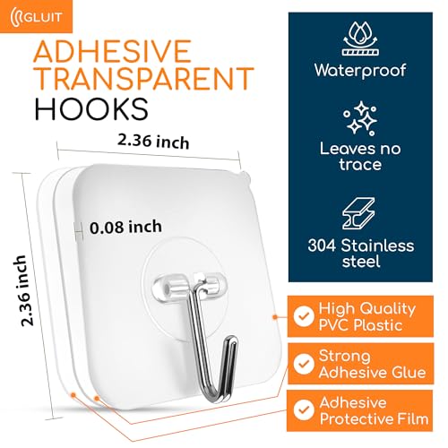 GLUIT Adhesive Wall Hooks for Hanging Heavy Duty 22 lbs Hooks for Walls No Drill, Towel Sticky Clear Hooks, Waterproof, Home, Bathroom, Kitchen, Office, and Outdoor 20 Pack - size: Medium, 20 pcs