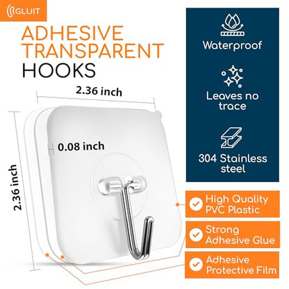GLUIT Adhesive Wall Hooks for Hanging Heavy Duty 22 lbs Hooks for Walls No Drill, Towel Sticky Clear Hook, Waterproof, Home, Bathroom, Kitchen, Office, and Outdoor 6 Pack - size: Medium, 6 pcs