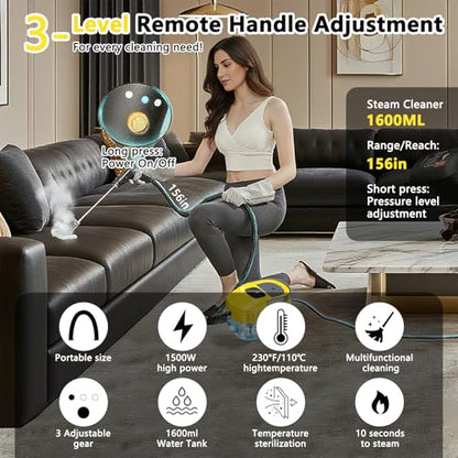 2026 New 3 Level Adjustable Pressurized Handheld Steam Cleaner for Home, 10s Heat-Up Handheld Steamer for Cleaning, 1.6 Qt Tank Portable Steam Cleaner Handheld for Car 1 PCS Yellow