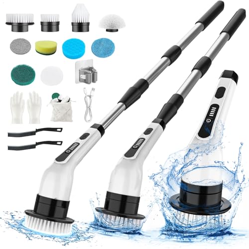 Electric Spin Scrubber Cordless Cleaning Brush with Extension Handle, 2 Adjustable Speeds, Shower Scrubber with 10 Replaceable Brush Heads, IPX7 Waterproof Power Scrubber for Bathtub Tile Floor, White - color: White