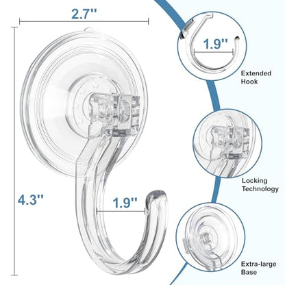 4-Pack Suction Cup Hooks for Shower, Extra Large Clear 1.9" Shower Suction Hooks, Heavy Duty 18 Lb, Reusable & Removable Plastic Wreath Hanger for Windows, Glass, Bathroom, Loofah, No Tools, No Damage