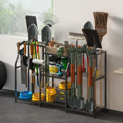 keomaisyto Garden Tool Organizer, Heavy Duty Yard Tool Tower Rack for Garage Organization and Storage, 3 Tier Utility Garden Tool Rack with hooks for Garden/Shed/Garage/Yard/Basement/Lawn - size: XXL-48.45"W x 11.42"D x 30.32"H