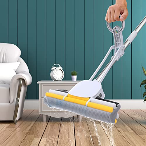 PVA Sponge Mops for Floor Cleaning Squeeze with 60" Long Handle, Self Wringing Mop with 15" Head for Kitchen Bathroom Tiles, Sponge Mops for Floor Cleaning with Wringer DUDTO - size: 15" PVA Mop - Roller