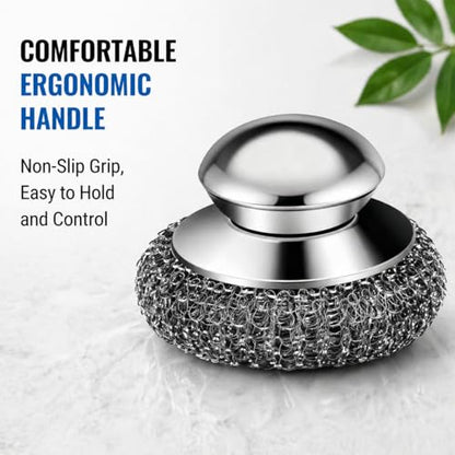 Steel Wool Scrubber, 6-Pack Stainless Steel Scrubber Pads with Handle - The Ultimate Scouring Solution for Rust, Stubborn Messes on Cookware, Grill, Oven & Kitchen Sinks - size: 2 Handle+4 Pads