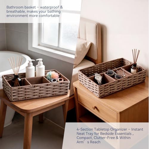 Whitmor 4-Compartment Woven Storage Basket with Dividers, Divided Makeup Organizer and Drawer Split Rattique Bin for Bathroom Countertop, Vanity, Office Desk, 11.8x7.9x2.8 Inches, Light Brown