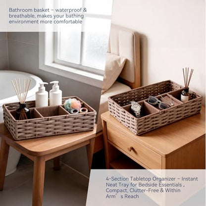Whitmor 4-Compartment Woven Storage Basket with Dividers, Divided Makeup Organizer and Drawer Split Rattique Bin for Bathroom Countertop, Vanity, Office Desk, 11.8x7.9x2.8 Inches, Light Brown