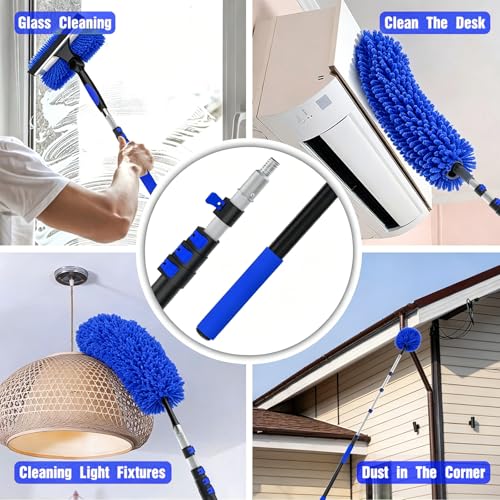 26FT Reach Duster Kit, Window Cleaning with 5-20FT Telescoping Extension Pole, High Ceiling Duster, Microfiber Feather Duster, Cobweb Duster, Window Squeegee, Feather Duster, Extendable Pole Kit - color: Blue, size: 20FT